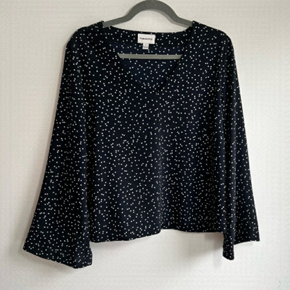 FRANK & OAK | Black with White Ditzy Dots Wide Sleeve V-Neck Blouse